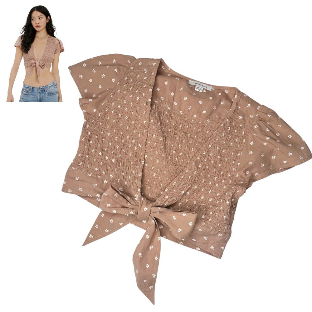 American Eagle Crop Top Smocked Floral Print Front Tie Bow Smocked Over Shirt